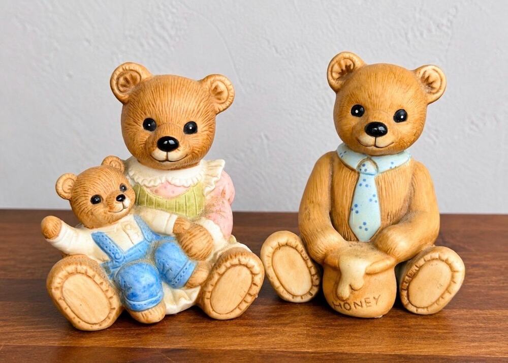 Vintage HOMCO Teddy Bear Figurines Set: Mama Bear, Honey Pot (Pair)